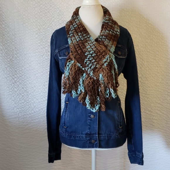 Handmade Knitted Scarf. Blue Brown Multicolored - Picture 5 of 5
